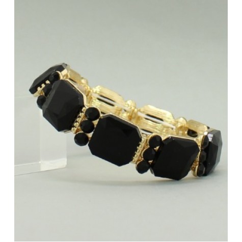 Gold w/Black Cube Crystal Stretch Bangle